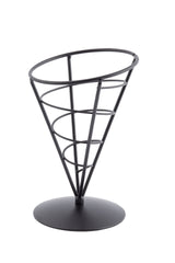 Part of the TableCraft Vertigo Collection, this black metal appetizer cone holder features an open spiral design and sturdy round base, perfect for serving snacks like fries or other appetizers upright in style.