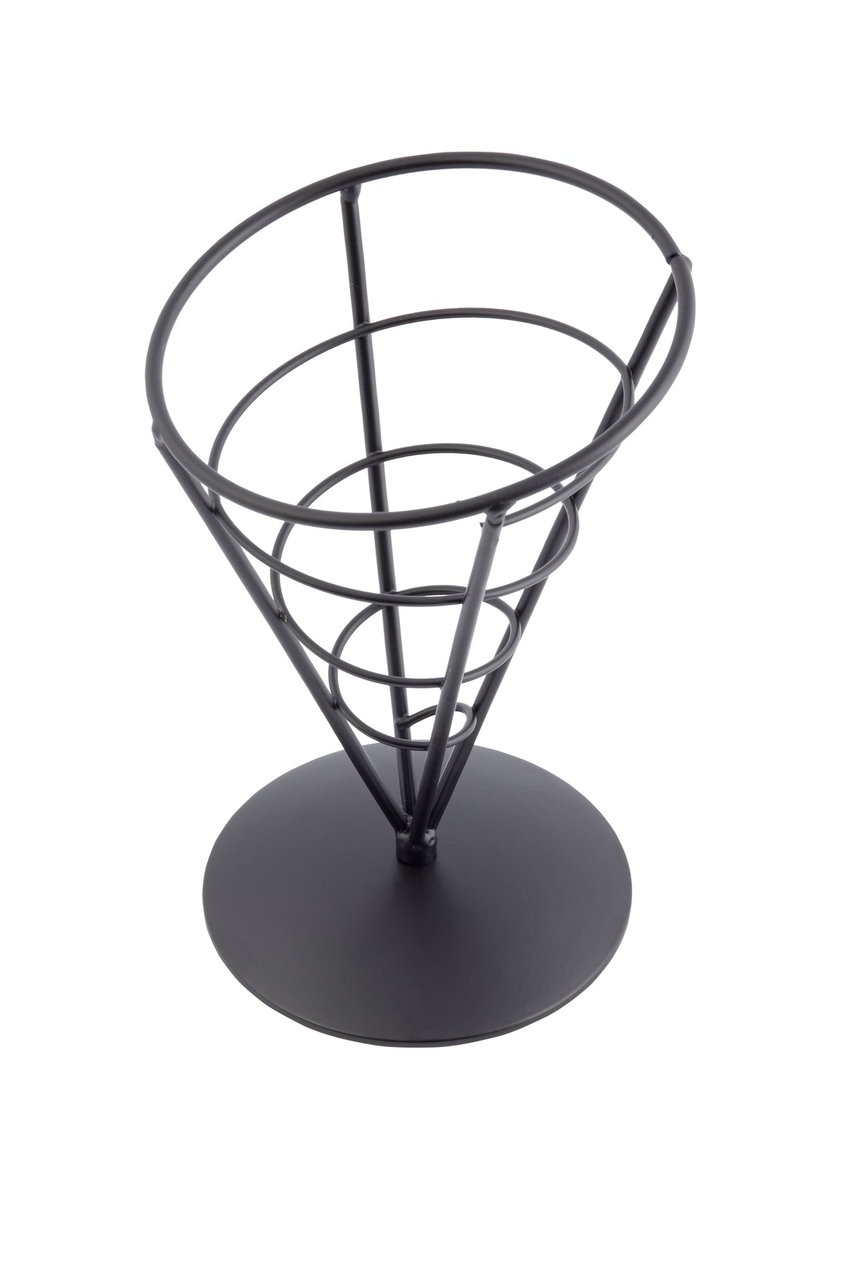 A black metal wire Appetizer Cone from the Vertigo Collection by TableCraft, featuring a circular base and three concentric rings, perfect for serving fries or snacks, photographed on a white background.