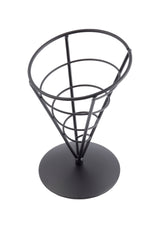 A black metal wire Appetizer Cone from the Vertigo Collection by TableCraft, featuring a circular base and three concentric rings, perfect for serving fries or snacks, photographed on a white background.