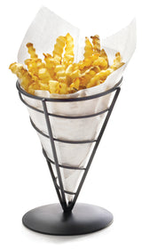 Golden-brown crinkle-cut French fries are served upright in a metal Appetizer Cone from the Vertigo Collection by TableCraft, lined with white parchment paper and isolated on a white background.