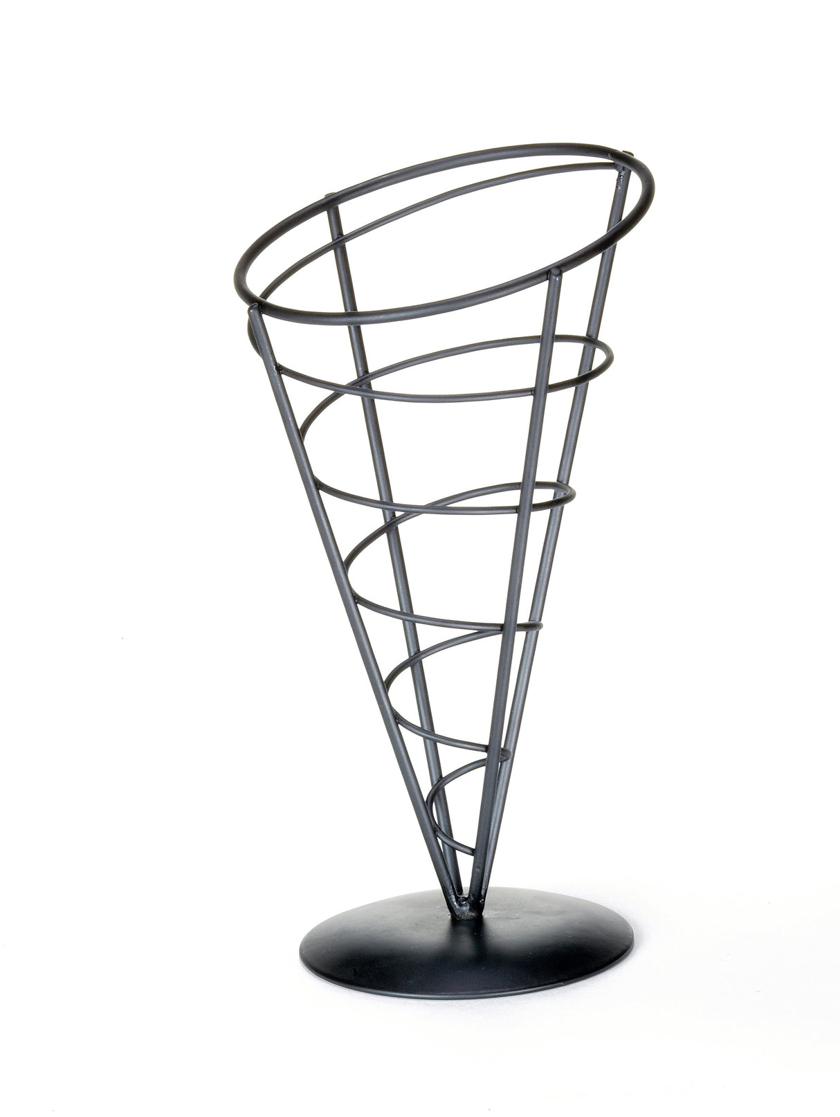 A black metal wire appetizer cone from the TableCraft Vertigo Collection features a circular base and spiral frame. Its open, minimalist design, photographed on a white background, is perfect for serving fries or napkins.