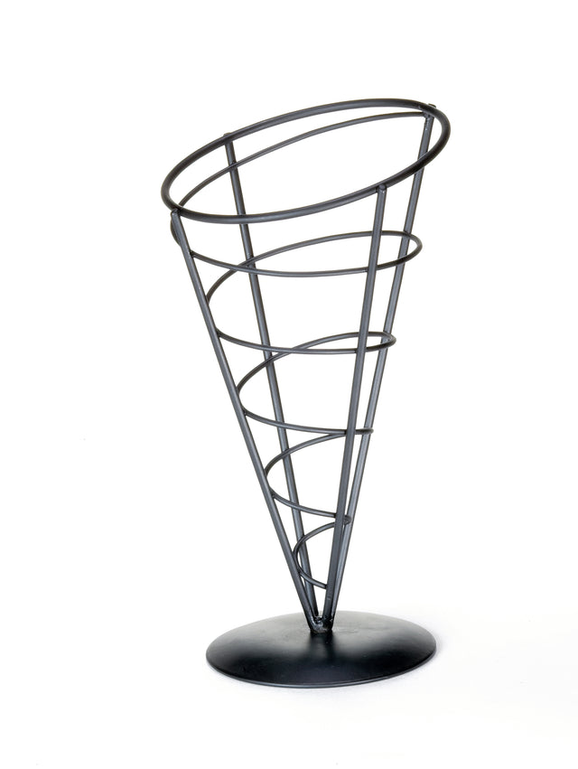 A black metal wire appetizer cone from the TableCraft Vertigo Collection features a circular base and spiral frame. Its open, minimalist design, photographed on a white background, is perfect for serving fries or napkins.