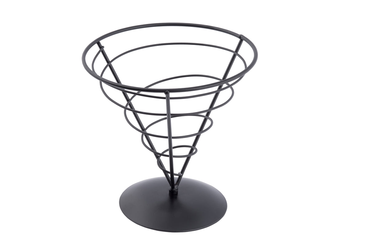 A black powder coated metal spiral wire holder from the Vertigo Collection, this appetizer cone features a round, flat base and open-top tiered design—perfect for serving fries or snacks. Photographed on a white background.