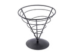A black powder coated metal spiral wire holder from the Vertigo Collection, this appetizer cone features a round, flat base and open-top tiered design—perfect for serving fries or snacks. Photographed on a white background.