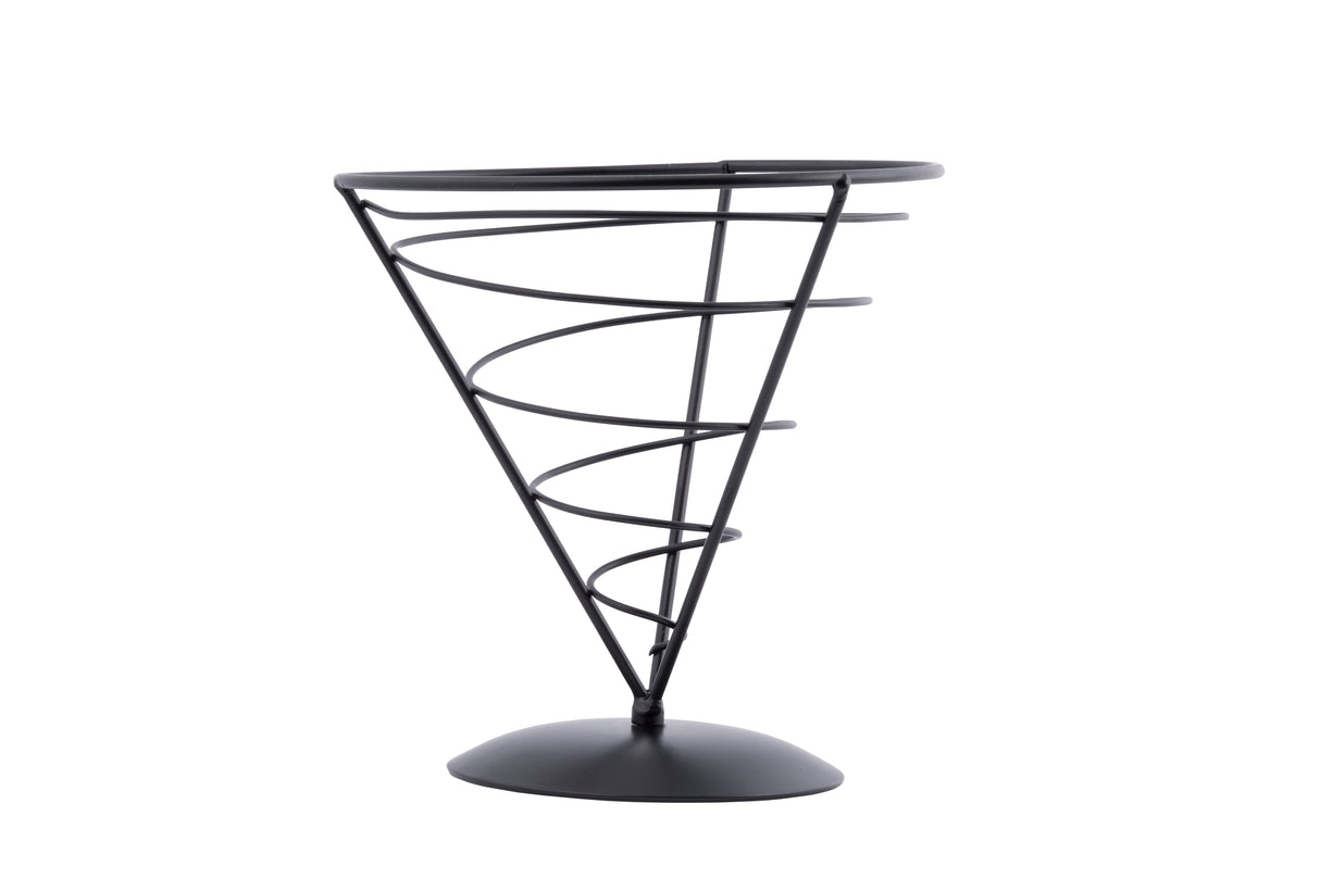 A black powder coated metal spiral cone stand from the Vertigo Collection with a circular base. The wide top narrows to form an appetizer cone shape, supported by wire spirals, and is displayed empty against a plain white background.