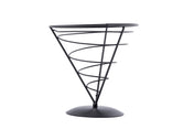 A black powder coated metal spiral cone stand from the Vertigo Collection with a circular base. The wide top narrows to form an appetizer cone shape, supported by wire spirals, and is displayed empty against a plain white background.