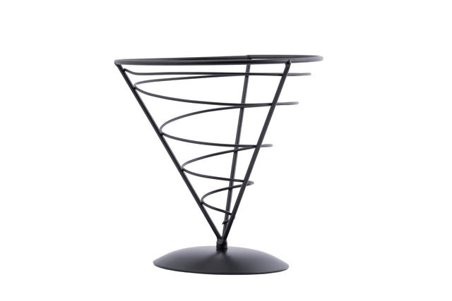 A black powder coated metal spiral cone stand from the Vertigo Collection with a circular base. The wide top narrows to form an appetizer cone shape, supported by wire spirals, and is displayed empty against a plain white background.