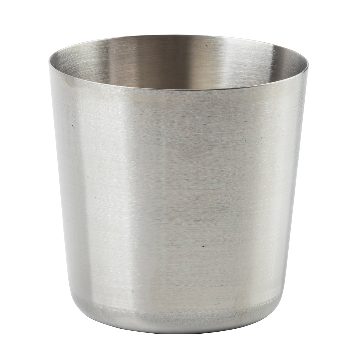 A plain, cylindrical stainless steel Fry Cup with a brushed metal finish, shown against a white background. The cup has smooth sides, a rounded bottom edge, and a slightly outward-flaring rim. Both the interior and exterior are dishwasher safe and unadorned.