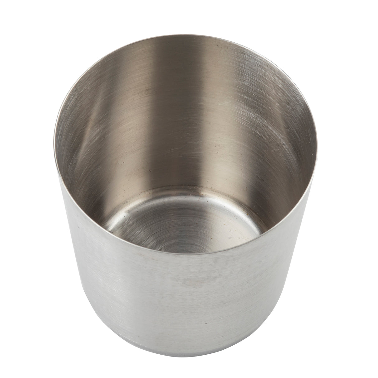 A plain, empty, cylindrical stainless steel fry cup is shown against a white background. The surface is smooth and reflective, with visible brushed metal texture. This dishwasher safe cup has no handle, decorations, or markings.