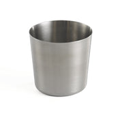 A plain, cylindrical stainless steel Fry Cup with a brushed metal finish is shown on a white background. The cup is empty, dishwasher safe, and has no handles or decorations, featuring smooth sides and a slightly rounded bottom edge.