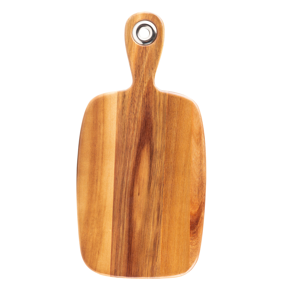 A rectangular Acacia bread board with rounded edges, a smooth surface, and a handle at the top featuring a metal ring for hanging. The natural, polished finish highlights the wood’s grain patterns in various brown tones.