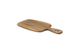 A small acacia bread board with a rectangular shape, rounded edges, and a short handle featuring a metal-reinforced hole for hanging. The natural wood grain stands out against a plain white background.