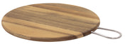 A round TableCraft Wood Serving Board with light and dark grain patterns, featuring a smooth surface and a metal loop handle for easy hanging. The board is displayed on a white background.