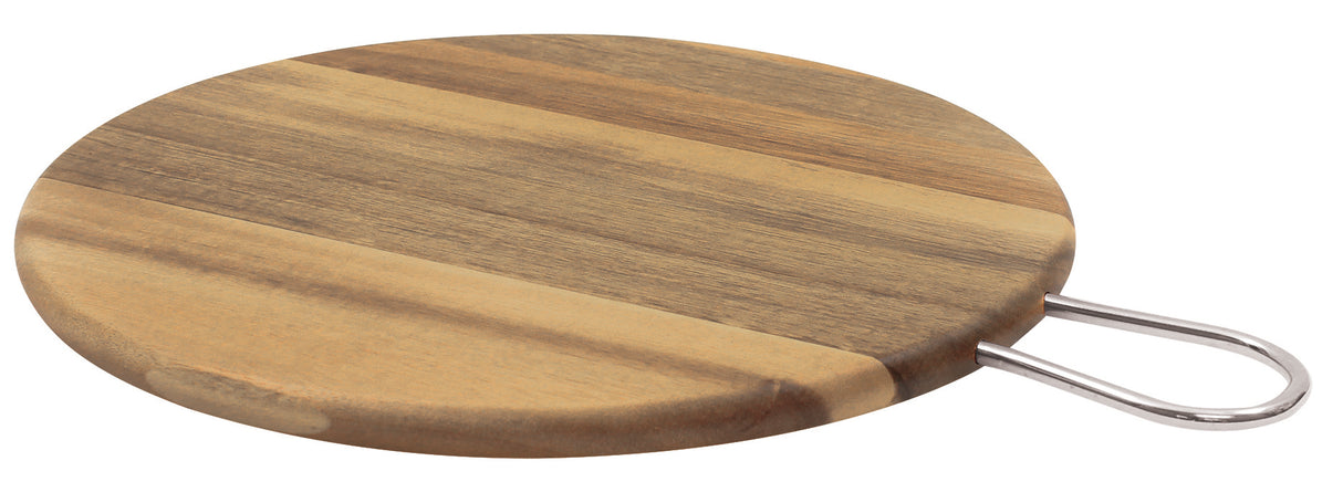 The TableCraft Acacia Display Board is a round wood board with alternating light and dark grain patterns, featuring a metal loop handle for hanging. It’s displayed on a white background.