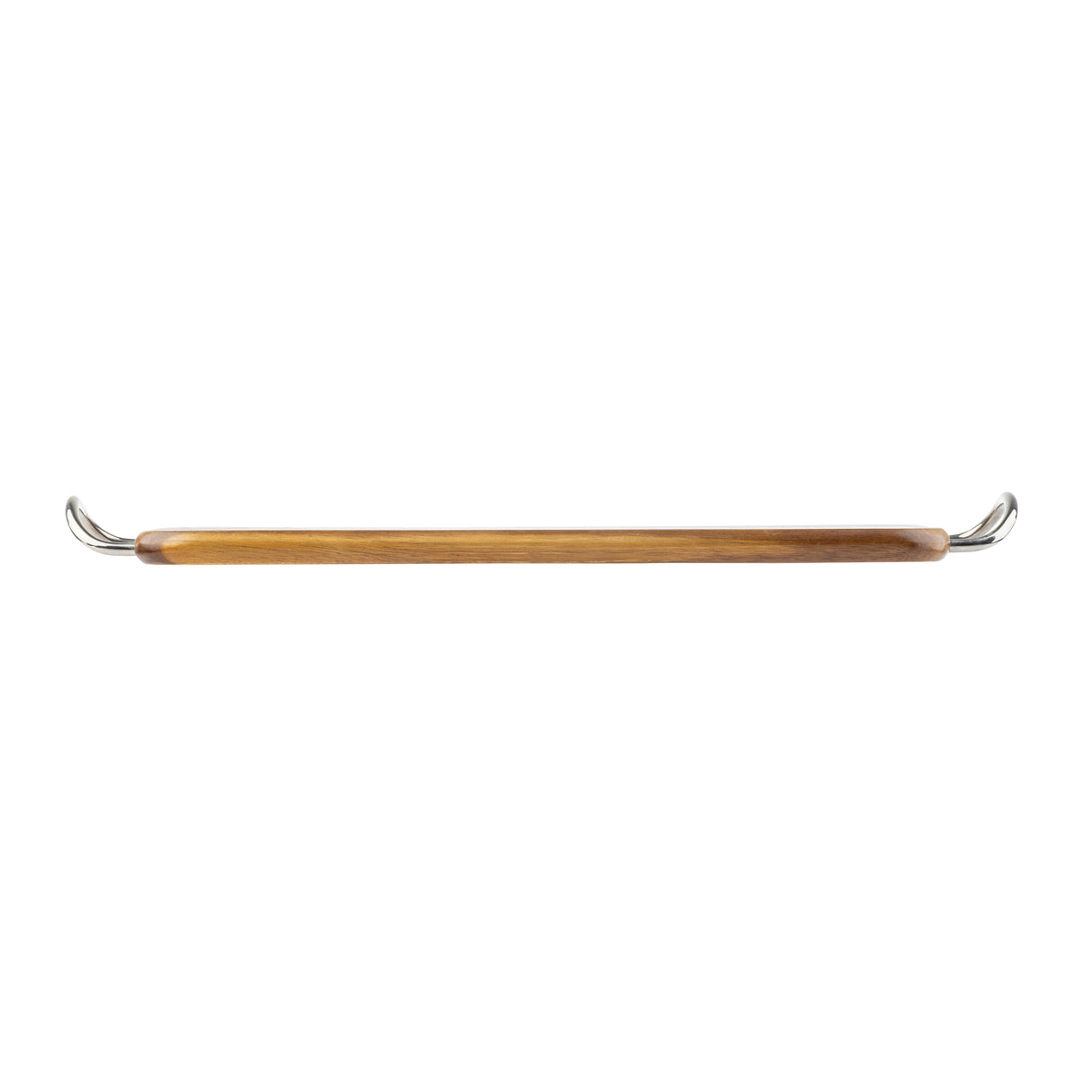 A wooden tool with a smooth, cylindrical handle and a curved metal hook at each end, shown horizontally against a white background—perfect to accompany your Acacia display board for elegant serving or wood display board arrangements.