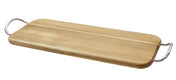 A rectangular serving board with rounded edges, featuring a smooth surface and two metallic handles on each short side, crafted from acacia wood and placed on a white background.