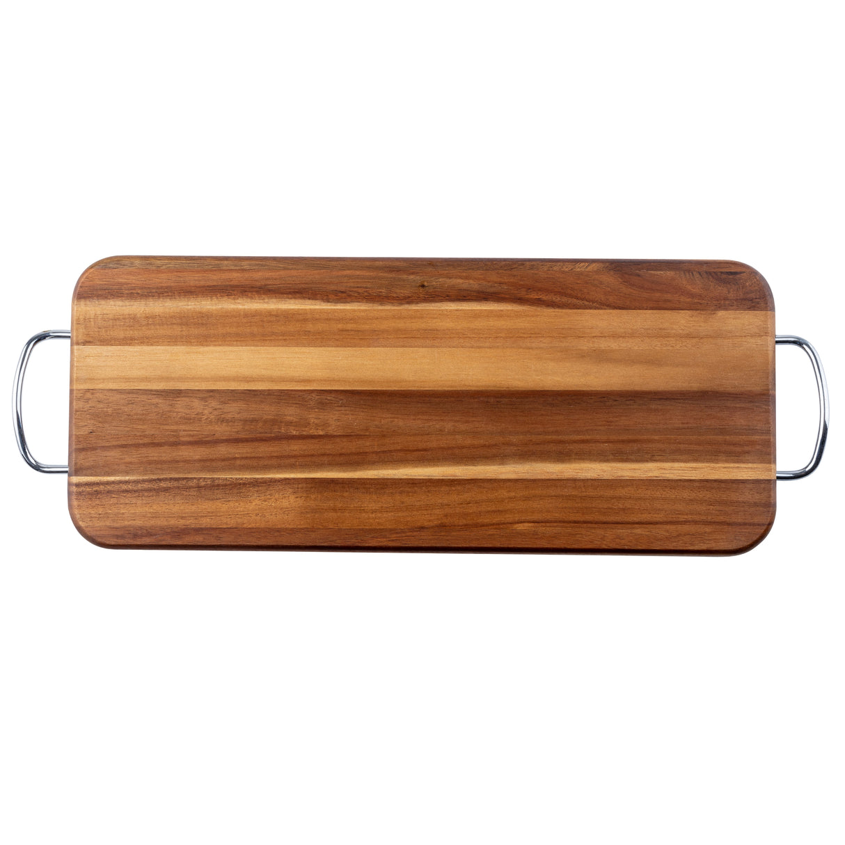A rectangular Acacia Display Board by TableCraft with two metal handles on each shorter side. The serving tray showcases natural wood grain patterns in varying brown shades and is photographed against a white background.