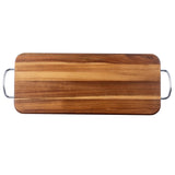 A rectangular Acacia Display Board by TableCraft with two metal handles on each shorter side. The serving tray showcases natural wood grain patterns in varying brown shades and is photographed against a white background.