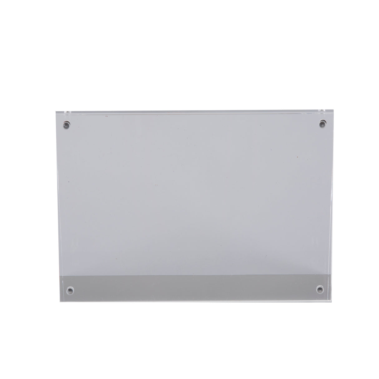 A clear, rectangular acrylic sign holder with four screw holes, one at each corner. Featuring a slightly frosted bottom strip, this wall-mountable holder is empty and ready for use. Ideal as a magnetic card holder for organized displays.