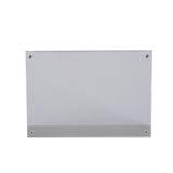 A clear, rectangular acrylic sign holder with four screw holes, one at each corner. Featuring a slightly frosted bottom strip, this wall-mountable holder is empty and ready for use. Ideal as a magnetic card holder for organized displays.