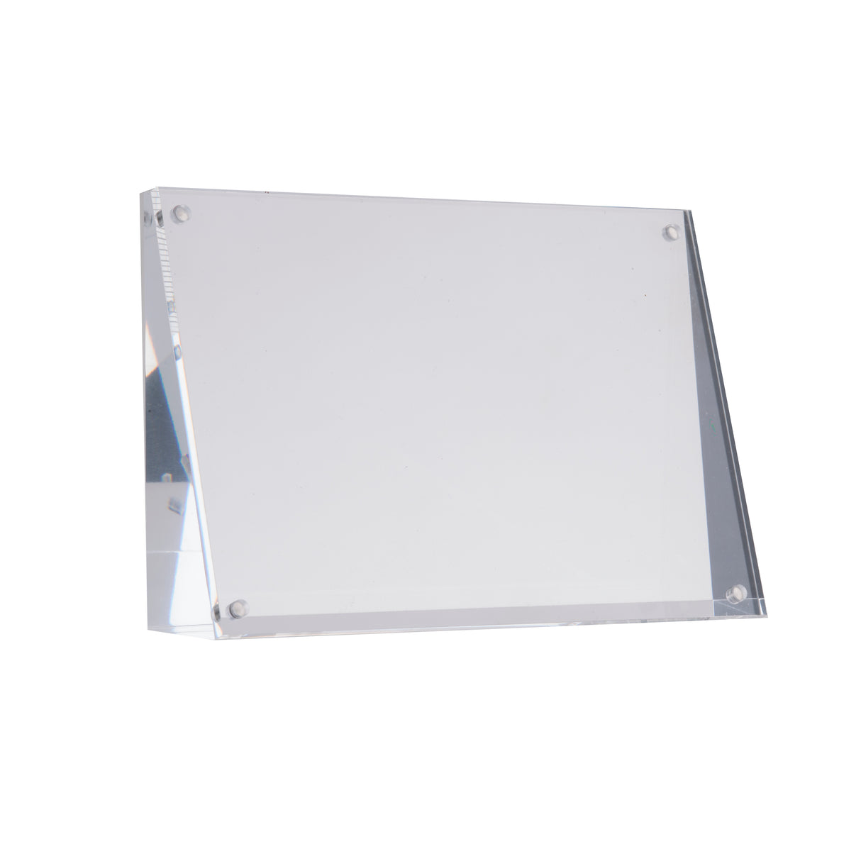 A clear, rectangular acrylic sign holder is shown against a white background. The holder is empty, with a transparent front and sides, positioned at a slight angle to the viewer. Four corner screws secure the front panel. Dishwasher safe for easy cleaning.