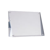 A clear, rectangular acrylic sign holder is shown against a white background. The holder is empty, with a transparent front and sides, positioned at a slight angle to the viewer. Four corner screws secure the front panel. Dishwasher safe for easy cleaning.