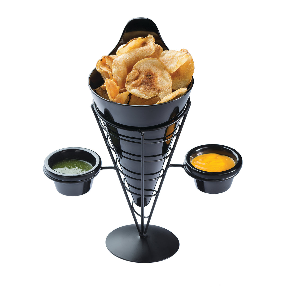 A black metal Appetizer Cone from the Vertigo Collection by TableCraft Products holds crispy potato chips, with two small round black cups on the sides—one with green dip and one with yellow dip—all set against a white background.