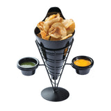 A black metal Appetizer Cone from the Vertigo Collection by TableCraft Products holds crispy potato chips, with two small round black cups on the sides—one with green dip and one with yellow dip—all set against a white background.