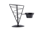 A black metal wire appetizer cone from the Vertigo Collection, featuring a spiral design and a small ramekin attached to the side, all on a circular base; perfect for serving snacks with dip.