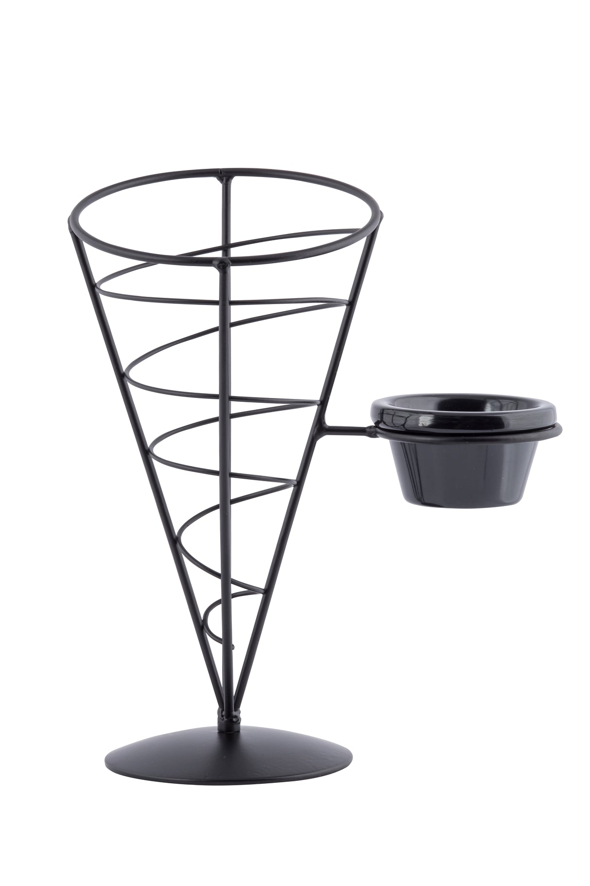 A black powder coated, metal, cone-shaped wire stand from the Vertigo Collection with a spiral design and round base. Includes a small circular holder for a dipping cup—perfect as an appetizer cone for serving snacks with sauces. Plain white background.