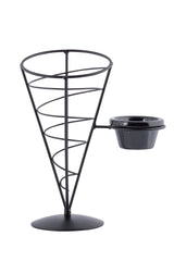 A black powder coated, metal, cone-shaped wire stand from the Vertigo Collection with a spiral design and round base. Includes a small circular holder for a dipping cup—perfect as an appetizer cone for serving snacks with sauces. Plain white background.