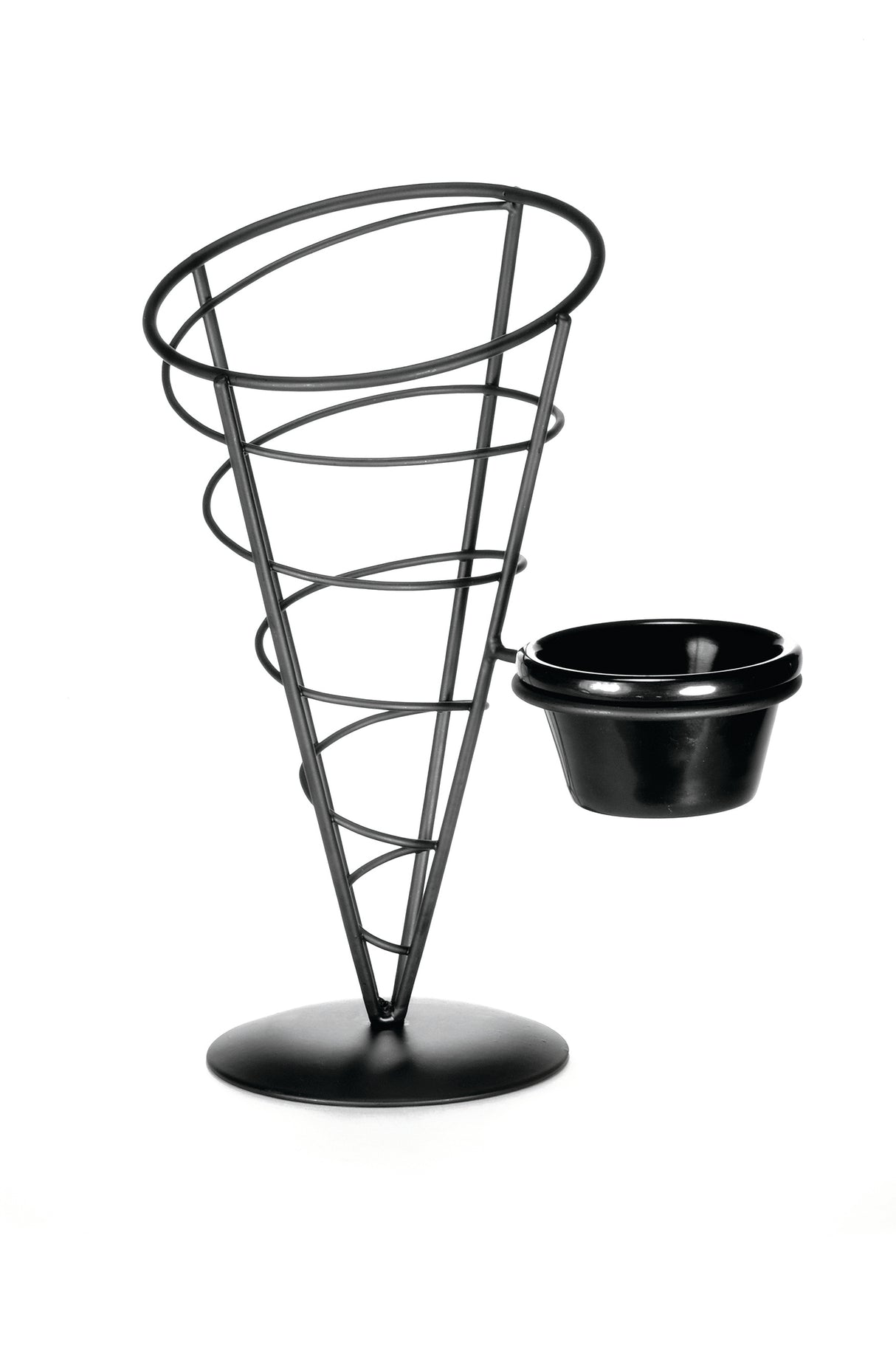 A black powder coated metal wire appetizer cone from the Vertigo Collection features a circular base and a small, round cup for dipping sauces. Both the stand and cup are empty, set against a white background.
