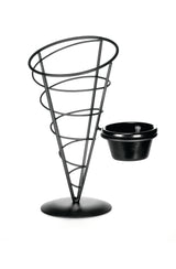 A black powder coated metal wire appetizer cone from the Vertigo Collection features a circular base and a small, round cup for dipping sauces. Both the stand and cup are empty, set against a white background.