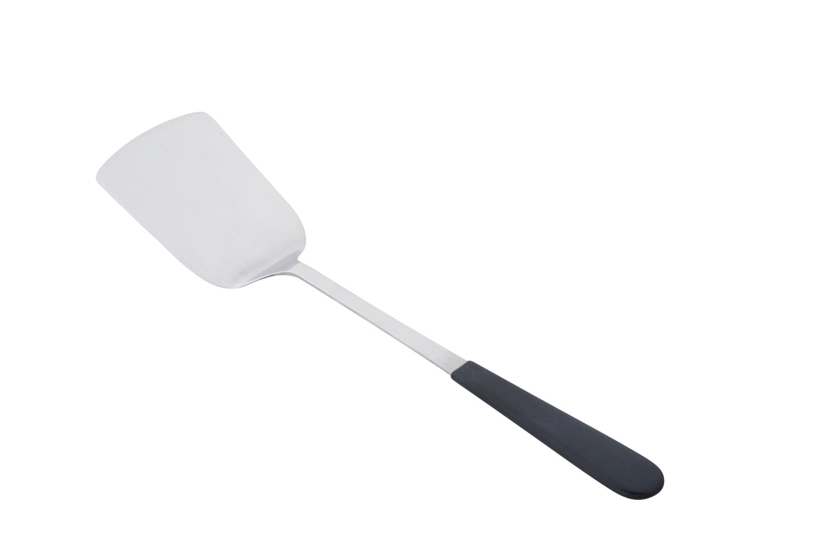 A stainless steel Antimicrobial Turner features a wide, flat, slightly curved blade and a long, black, ergonomic handle textured for grip. The spatula is positioned diagonally on a white background and is dishwasher safe.