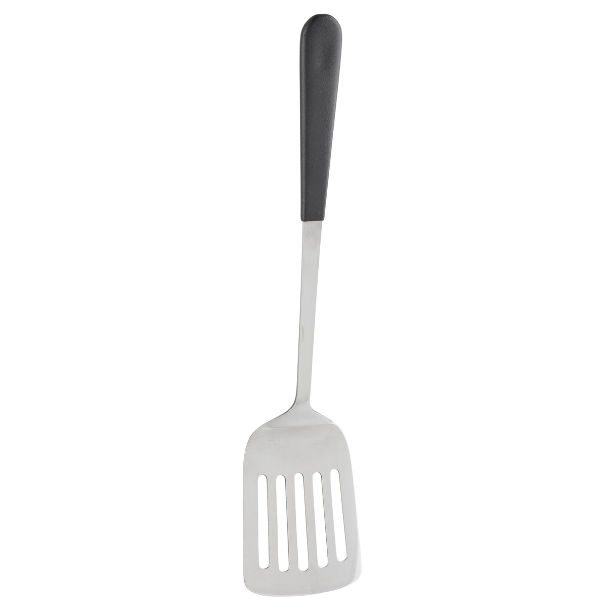 A slotted stainless steel turner with a black plastic handle. The flat, rectangular head has four long slots for draining, and a slightly angled neck. This dishwasher safe turner is perfect for everyday use. The background is plain white.