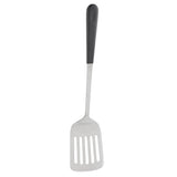 A slotted stainless steel turner with a black plastic handle. The flat, rectangular head has four long slots for draining, and a slightly angled neck. This dishwasher safe turner is perfect for everyday use. The background is plain white.