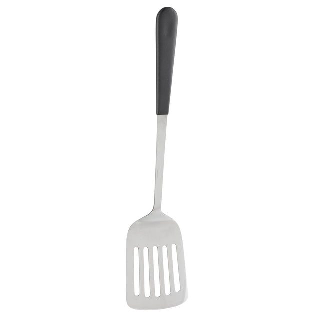 A slotted stainless steel turner with a black plastic handle. The flat, rectangular head has four long slots for draining, and a slightly angled neck. This dishwasher safe turner is perfect for everyday use. The background is plain white.