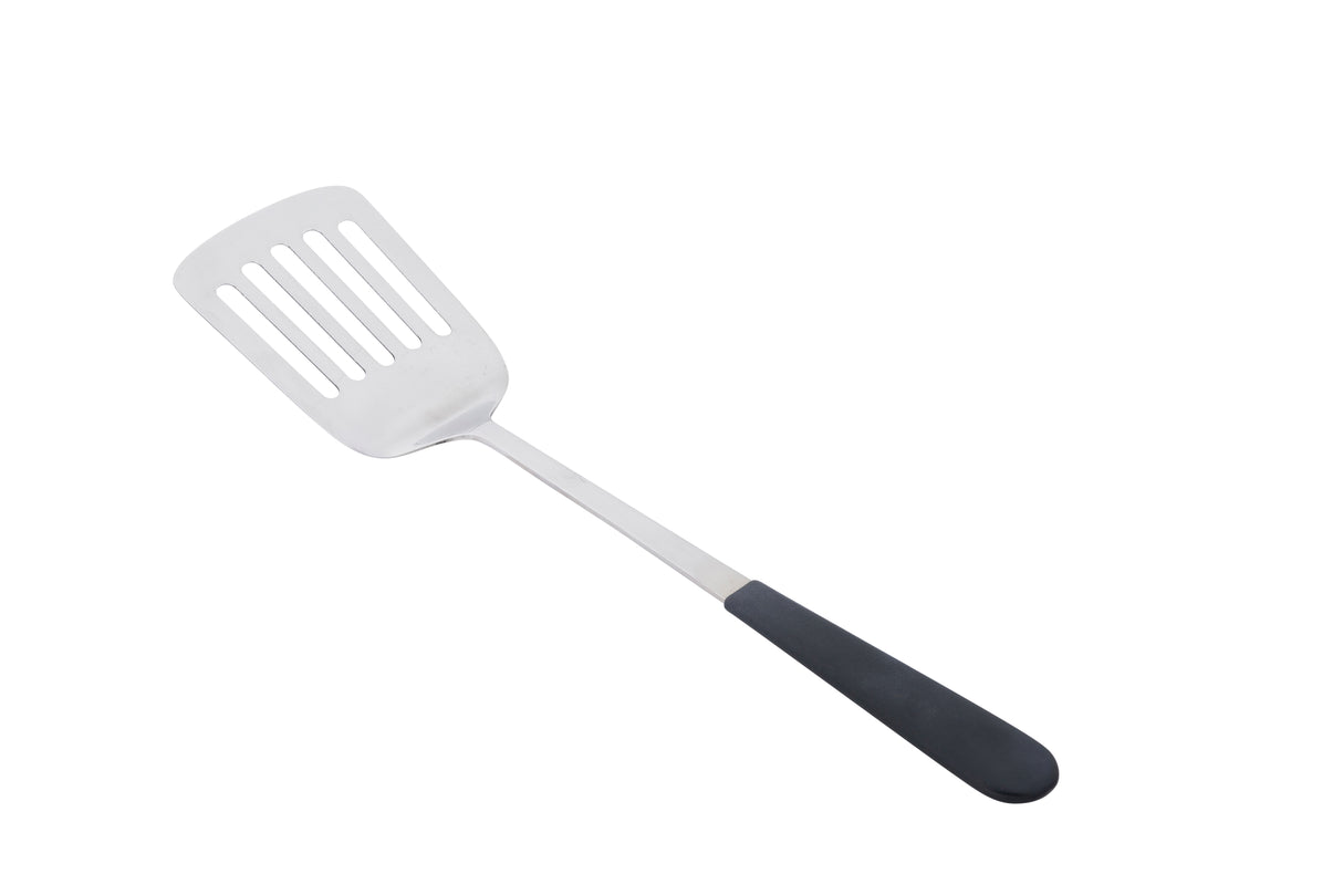 A slotted stainless steel turner with a black ergonomic handle, shown on a white background. The spatula’s flat head features four elongated slots for easy draining, and it’s designed for a comfortable grip during use.