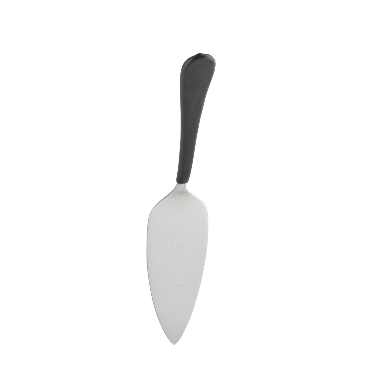 A stainless steel pie server with a flat, triangular blade and a black, slightly curved handle. This dishwasher safe utensil is shown on a plain white background, centered in the image.