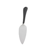 A stainless steel pie server with a flat, triangular blade and a black, slightly curved handle. This dishwasher safe utensil is shown on a plain white background, centered in the image.