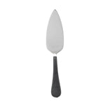 A stainless steel pie server with a triangular, flat blade and a black, curved handle is centered on a white background. The reflective blade tapers to a point at the top and is dishwasher safe for easy cleaning.