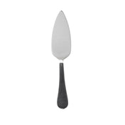 A stainless steel pie server with a triangular, flat blade and a black, curved handle is centered on a white background. The reflective blade tapers to a point at the top and is dishwasher safe for easy cleaning.
