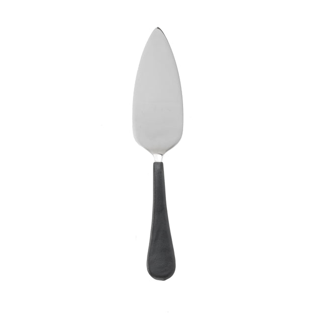 A stainless steel pie server with a triangular, flat blade and a black, curved handle is centered on a white background. The reflective blade tapers to a point at the top and is dishwasher safe for easy cleaning.