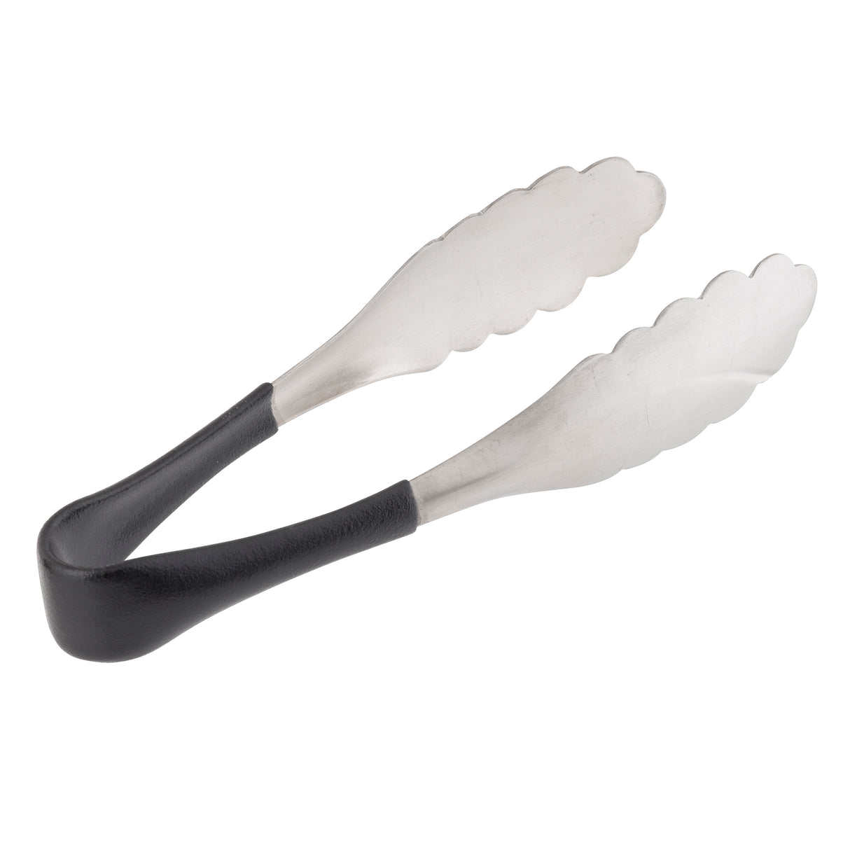A pair of stainless steel kitchen tongs with scalloped edges and black handles, shown on a white background. The tongs are slightly open, displaying their gripping ends, and are dishwasher safe for easy cleaning.