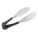 A pair of stainless steel kitchen tongs with scalloped edges and black handles, shown on a white background. The tongs are slightly open, displaying their gripping ends, and are dishwasher safe for easy cleaning.