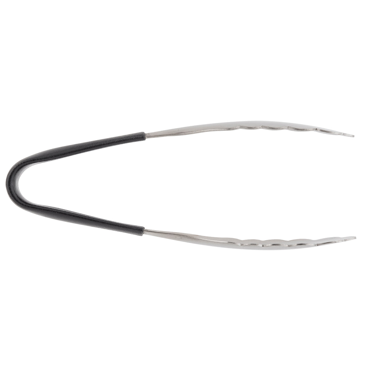 A pair of stainless steel tongs with scalloped gripping edges, shown open and viewed from above. The tongs have a curved black handle for grip and comfort, and shiny metal arms that are slightly curved at the ends.