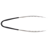 A pair of stainless steel tongs with scalloped gripping edges, shown open and viewed from above. The tongs have a curved black handle for grip and comfort, and shiny metal arms that are slightly curved at the ends.