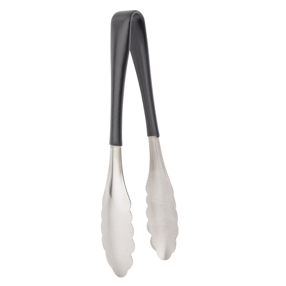 A pair of dishwasher safe kitchen tongs with black handles and scalloped stainless steel gripping ends stands upright against a white background. The tongs are slightly open, displaying their functional design for gripping and serving food.