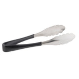 A pair of stainless steel kitchen tongs with scalloped silver gripping ends and black plastic-coated handles, shown against a plain white background. These dishwasher safe tongs are slightly open, displaying their functional, simple design for grasping food.