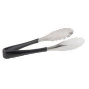 A pair of stainless steel kitchen tongs with scalloped silver gripping ends and black plastic-coated handles, shown against a plain white background. These dishwasher safe tongs are slightly open, displaying their functional, simple design for grasping food.